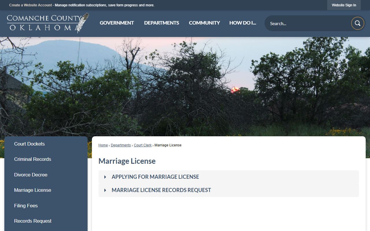 Comanche County marriage license page on the official county website