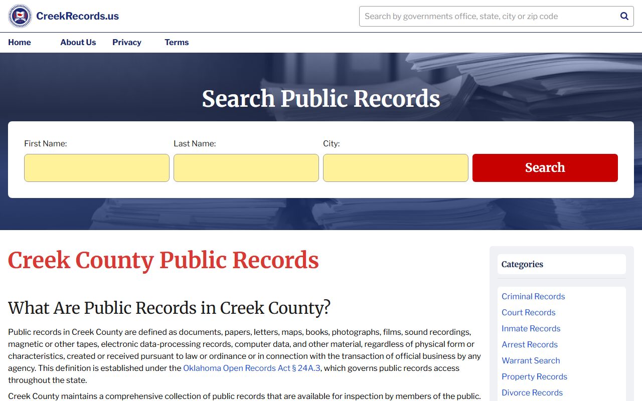 Creek County marriage license records search portal