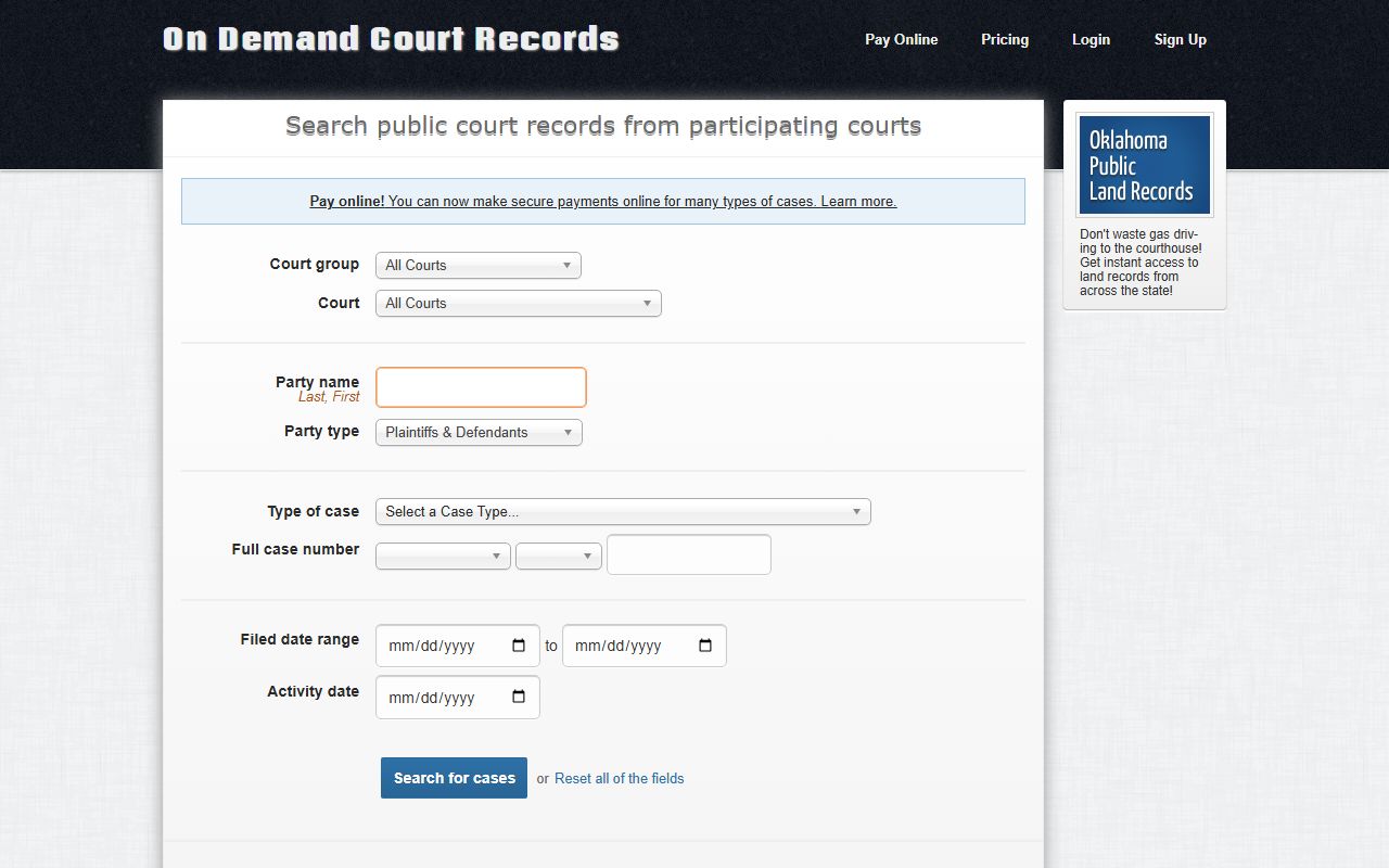 On Demand Court Records search for Oklahoma marriage license
